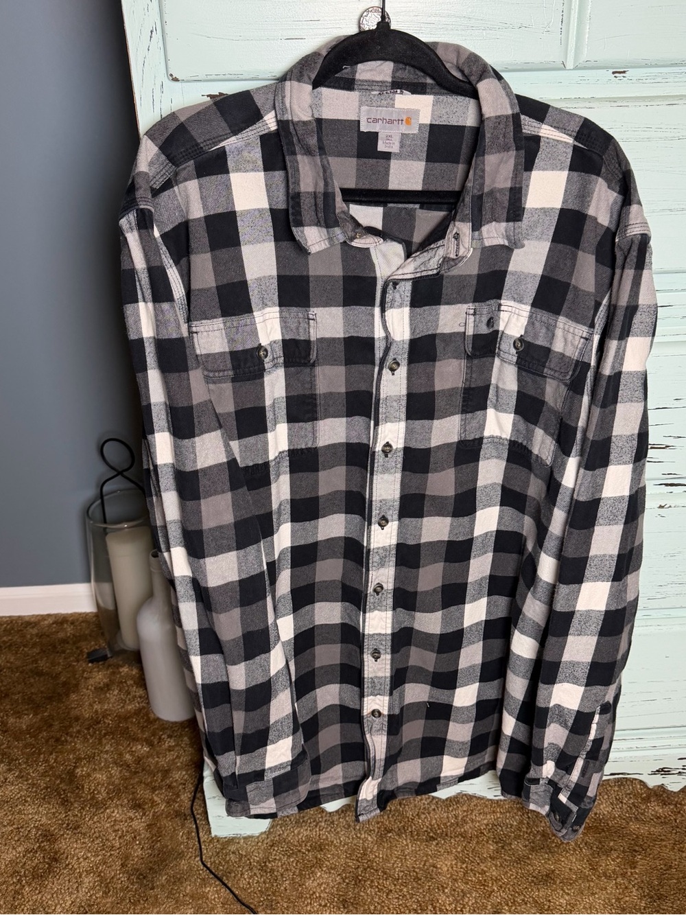 Carhartt Men’s Black & White Check Button-Down Flannel shirt, size 2XL tall.